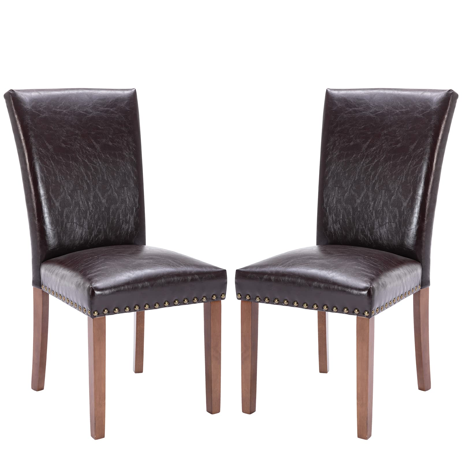 COLAMY PU Leather Dining Chairs Set of 2, Upholstered Parsons Dining Room Kitchen Side Chair with Nailhead Trim and Wood Legs - Dark Brown