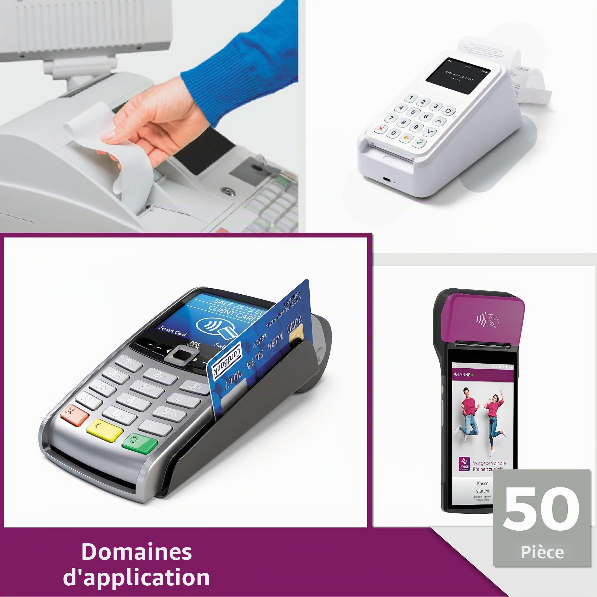 LYNNE - Rouleau TPE Carte Bancaire 57x30x12 - Bobine papier thermique 57mm x 9m x 12mm - Papier Rouleaux TPE - Rouleau CB thermique 57mm - sans BPA - [50x]