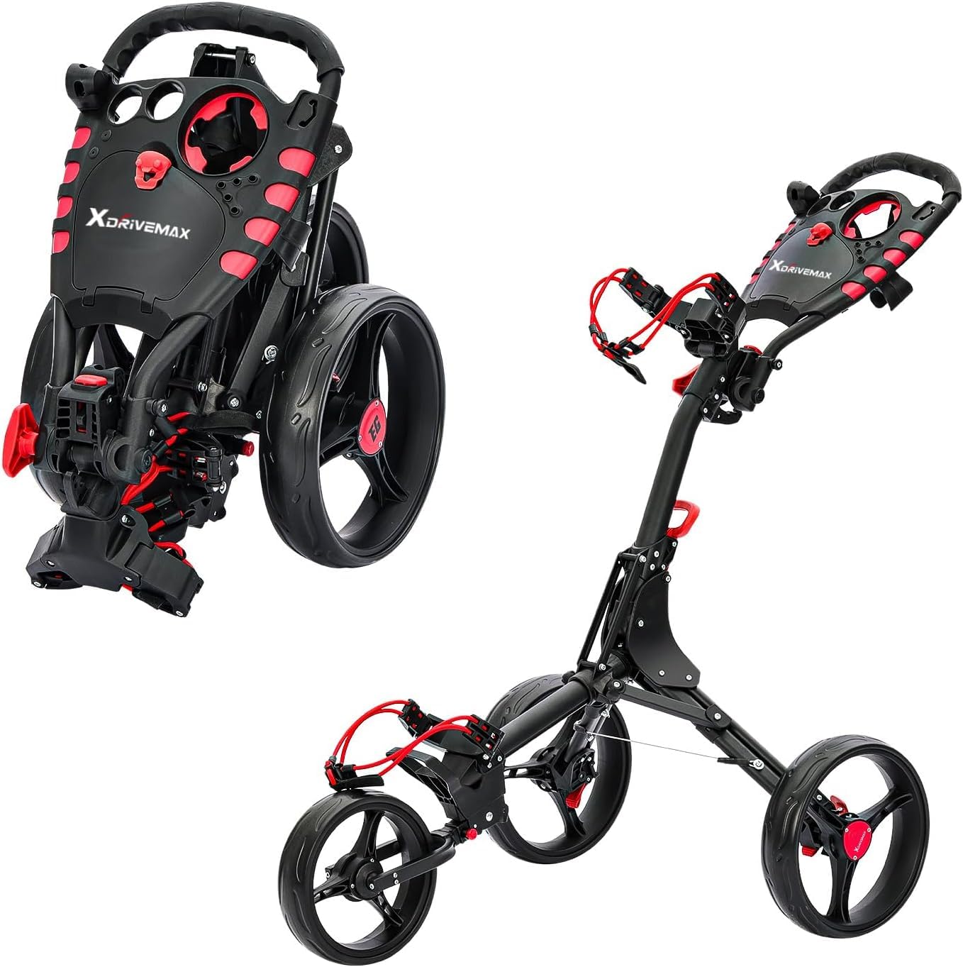 XDriveMax GC408 Folding Golf Push Cart, 3 Wheel Golf Trolley Lightweight Golf Bag Pull Cart Caddy Cart for Golf Clubs and Golf Bag with Cup Holder Scorecard Holder/Storage Compartment(Red) Pack