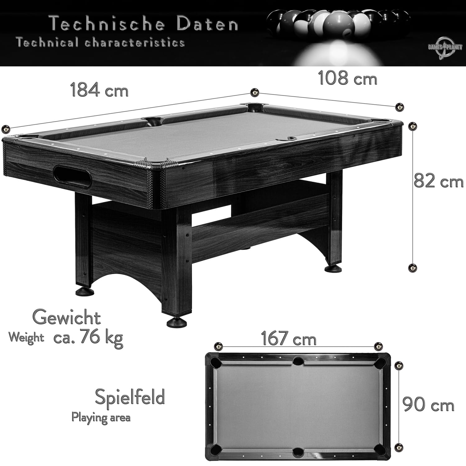 GAMES PLANET 6 ft Billardtisch Trendline“ + Zubehör, 9 Farbvarianten, 184 x 108 x 82 cm (LxBxH)