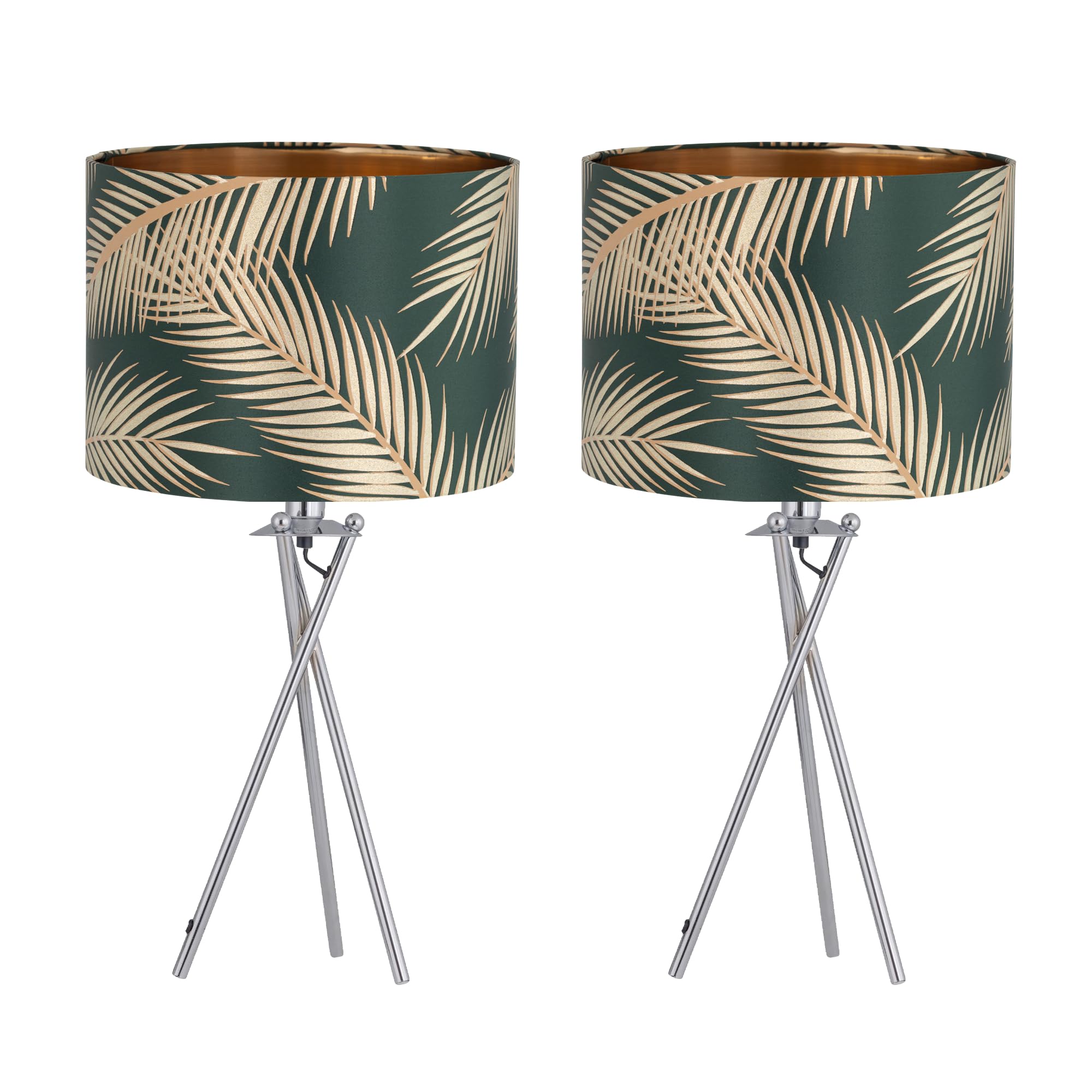firstchoicelighting Set of 2 Polished Chrome Tripod Table Lamps or Bedside Lights, Modern, Dark Green Gold Leaf Shades, Height 52cm, LED Compatible