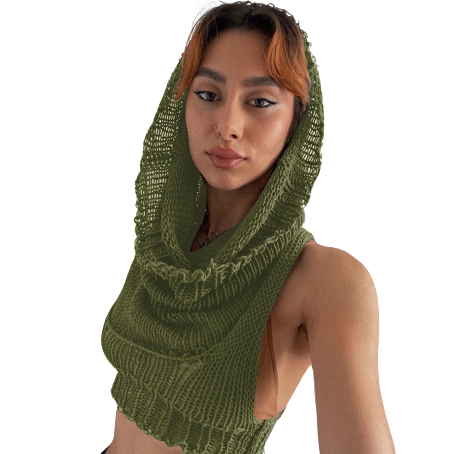 Women's Knitted Hoodie Sweater Vest Sexy Sleeveless Hollow Out Hooded Crop Top Draped Sweatshirt Streetwear