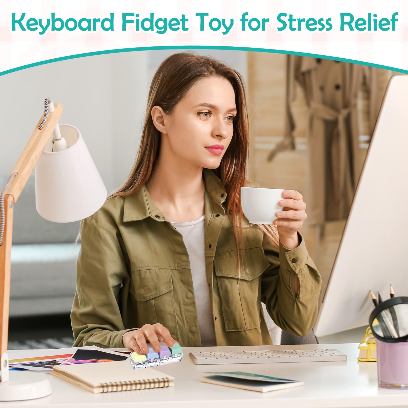 CoolShef Keyboard Fidget Toys Keychain - Stress Relief Fidget Clicker with Keyboard Key Sounds, Portable Fidget Toy for Focus & Anxiety Relief, Includes 4 Extra Replaceable Keycaps 4