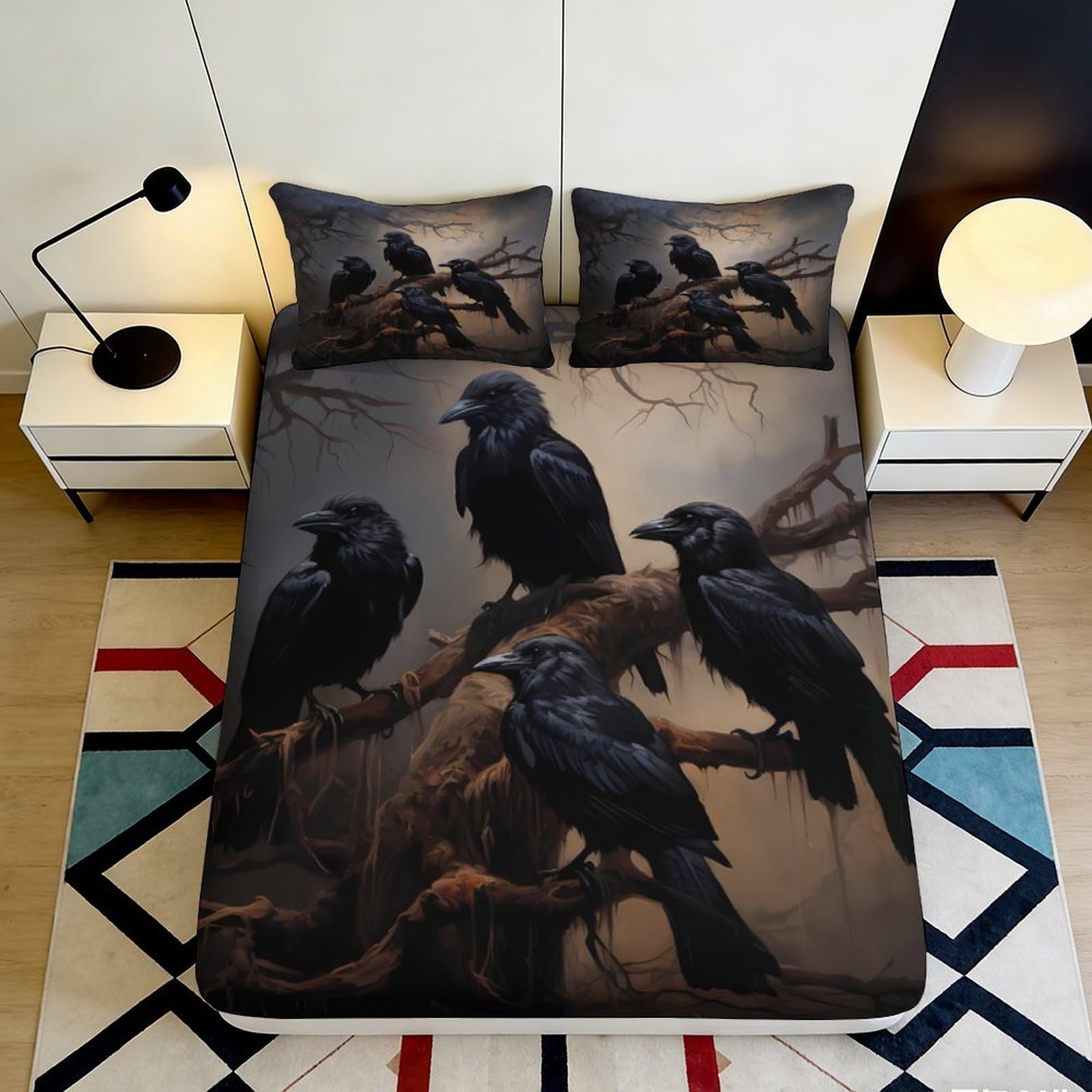 3D Printed Black Raven Fitted Sheet Microfiber Soft Breathable Crow Branch Mattress Cover Bedroom Decor 90x200x25cm