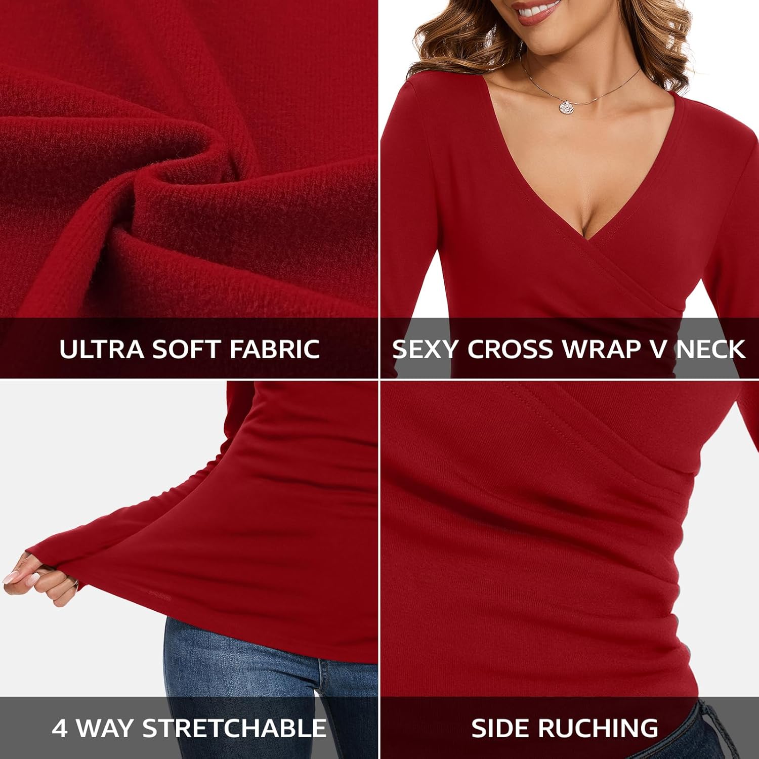 Women's Deep V Neck Wrap Tops Thermal Long Sleeve Shirts Sexy Fitted Tops Winter Fleece Lined Tunic Tops Warm Ruched Top - Image 5