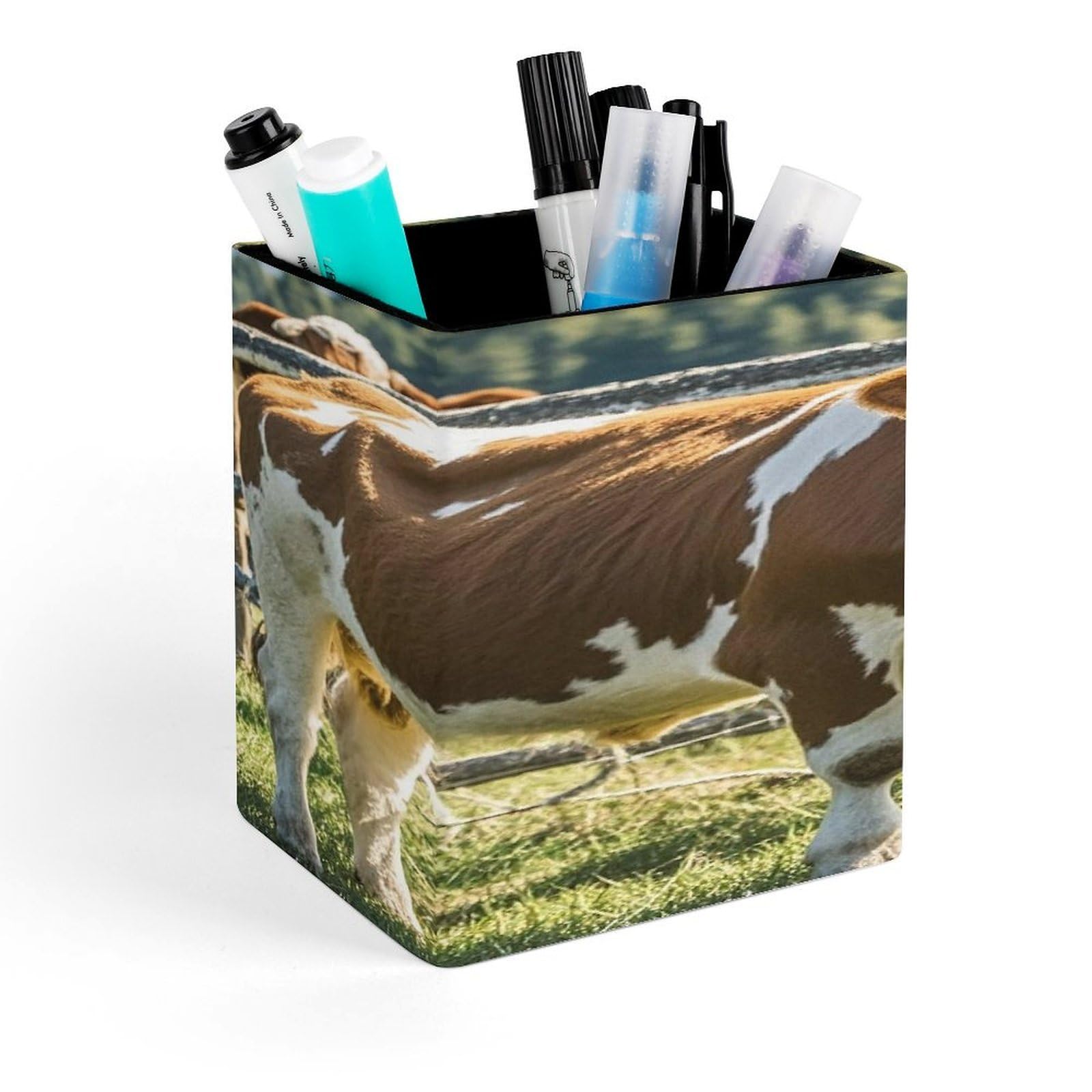 FekiLoot Farm Cow Pictures Pencil Holder for Desk Square Leather Pen Holder Cup Desktop Organizer Multi-Functional Pencil Cup Holders Modern Decorative Desk Organizer Caddy Makeup Brush Holders