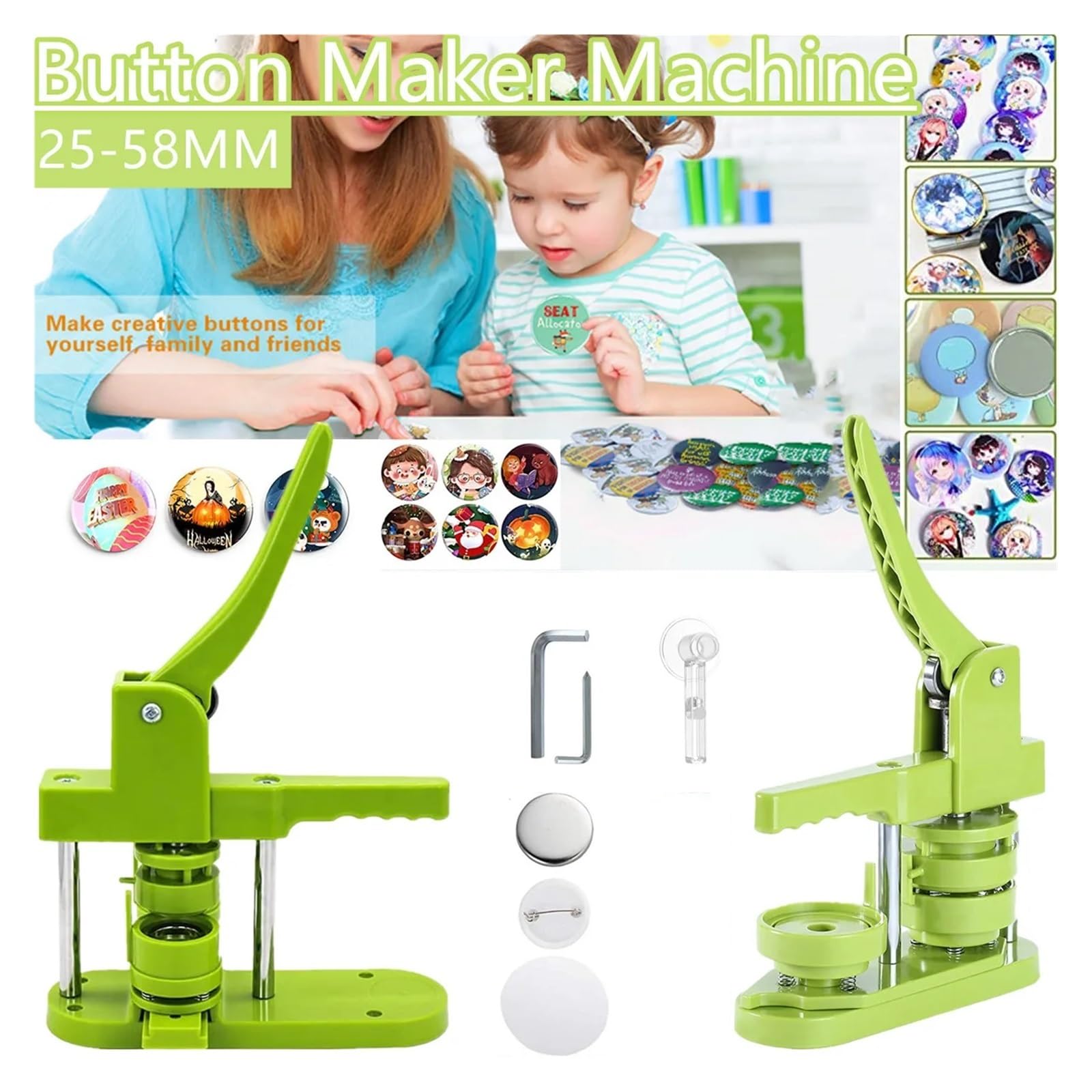 Distintivo Pin Button Maker Machine Distintivi Fai da Te Set 25MM-58MM Button Punch Press Maker Machine Button Parts + Circle Cutter(58MM Set Rotating)