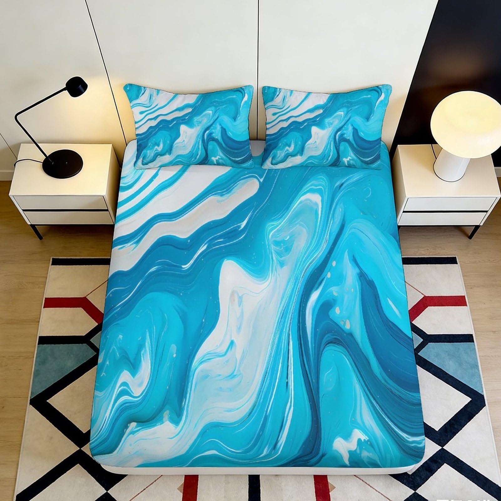 3D Printed Blue Marble Fitted Sheet Microfiber Soft Breathable Abstract Swirl Bed Sheet for Bedroom Dormitory Guest Room Mattress Protection Decor 160x200x25cm