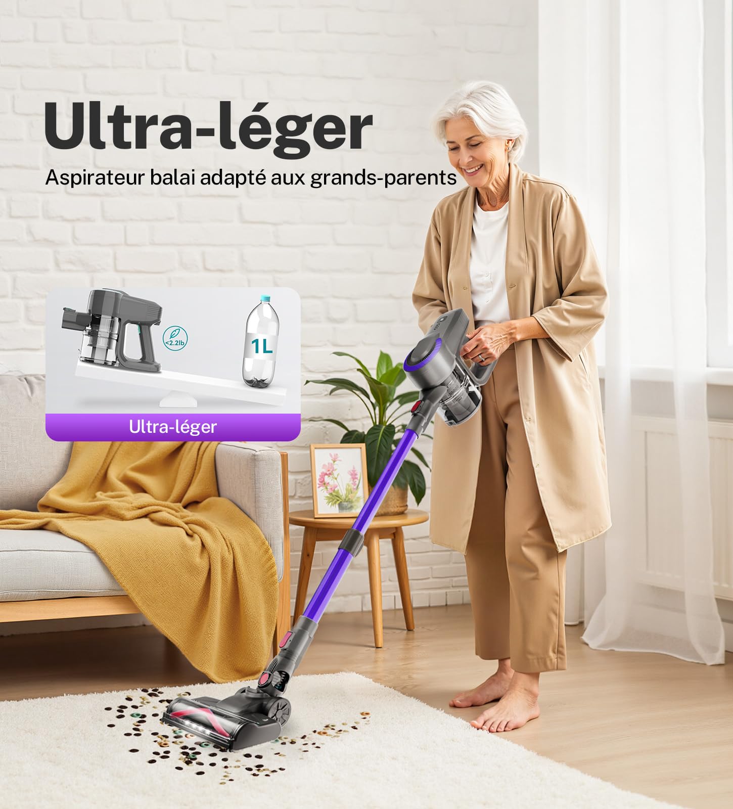 Aspiradora inalámbrica con batería, 30000 Pa/55 min, cepillo antienredos y de pie, aspiradora de mano ultraligera con batería para alfombras, suelos duros, pelo de animales