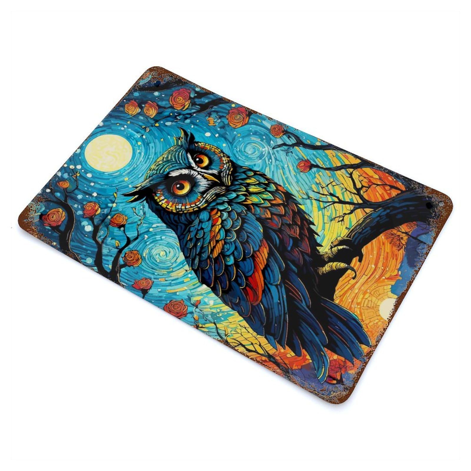 Owl in Starry Night Vintage Metal Tin Sign 11.8"x7.9", for Cafe, Home Bar And Lounge Decor, Vintage Wall Decor