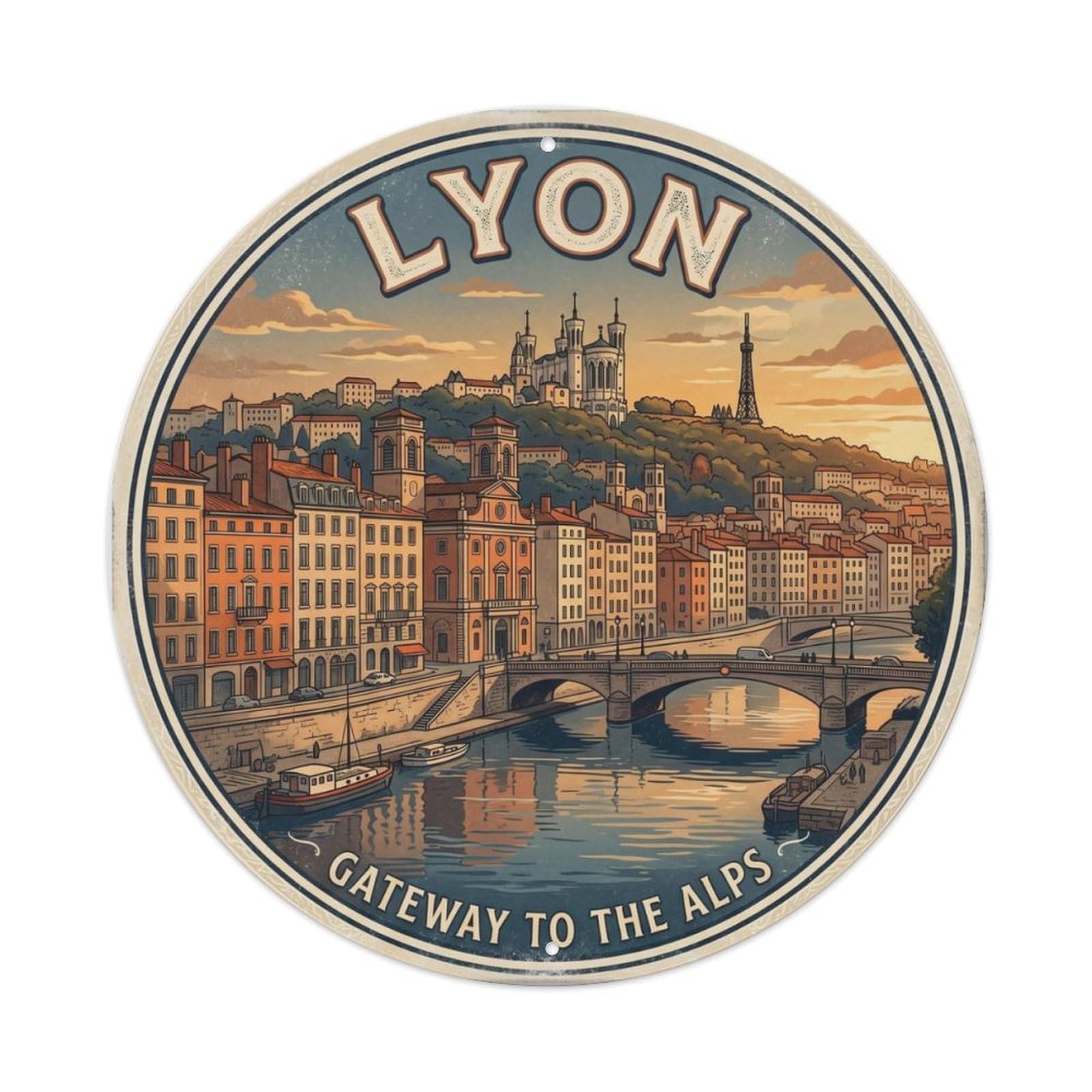 Vintage Travel Lyon France Riverside Metal Tin Sign Plaque Wall Decor for Cafe, Club Bar, Office, Home Garden Round Metal Poster 8x8Inch