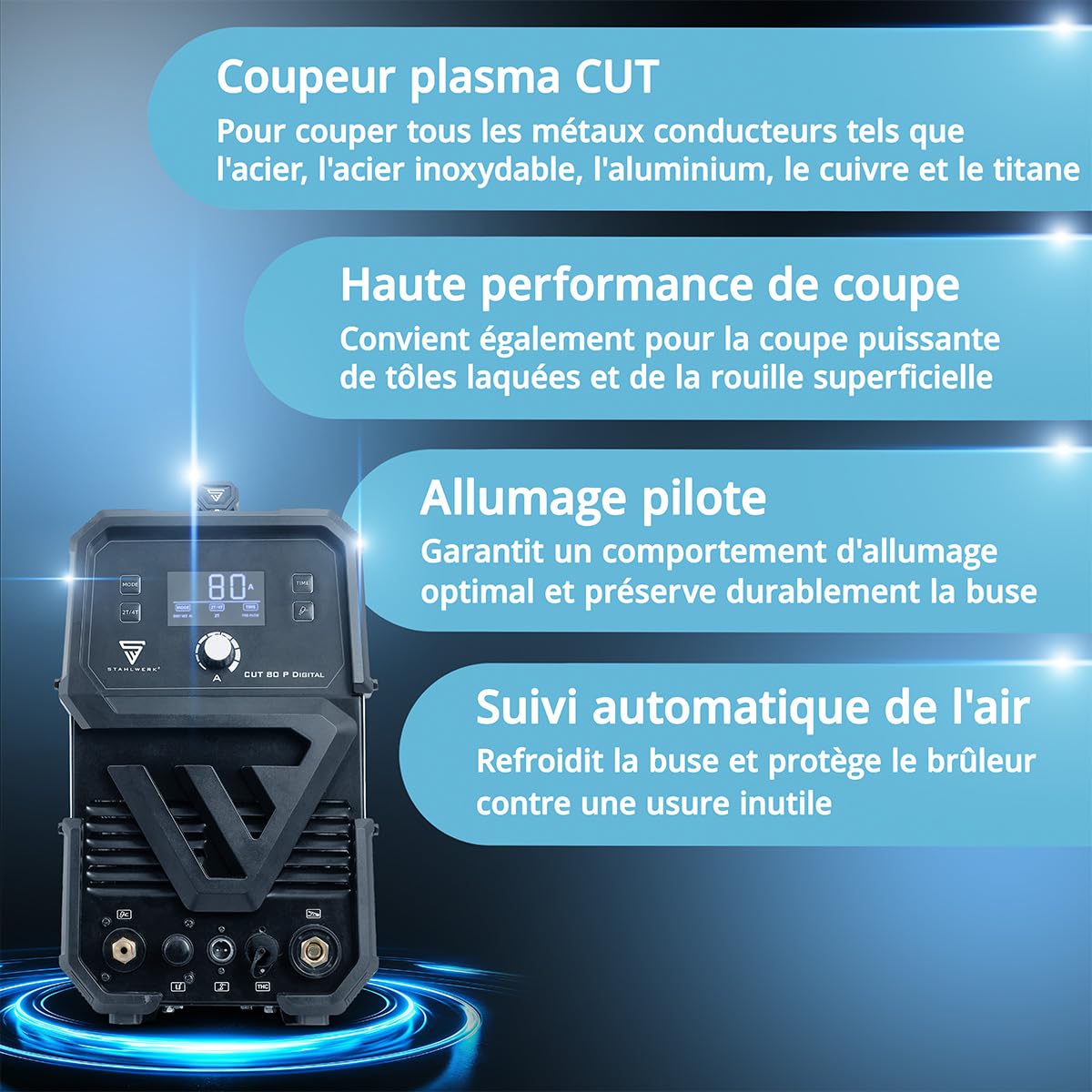 STAHLWERK Découpeur plasma CUT 80 P Digital – Découpeur plasma 80 A, capacité de coupe jusqu’à 25 mm, onduleur plasma avec amorçage pilote HF, interface THC pour contrôle de hauteur CNC