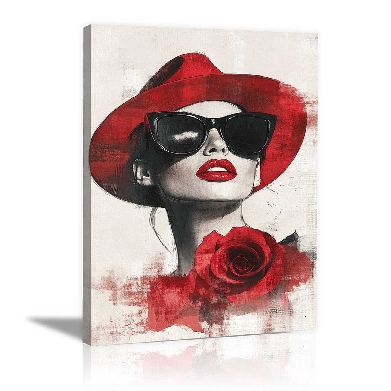 QUSAAOU Fashion Portrait Canvas Wall Art Woman in Red Hat with Sunglasses and Rose Sketch For Living Room Bedroom African American Decor For Home Afro Woman Poster And Prints(Red)-70x100cm Framed