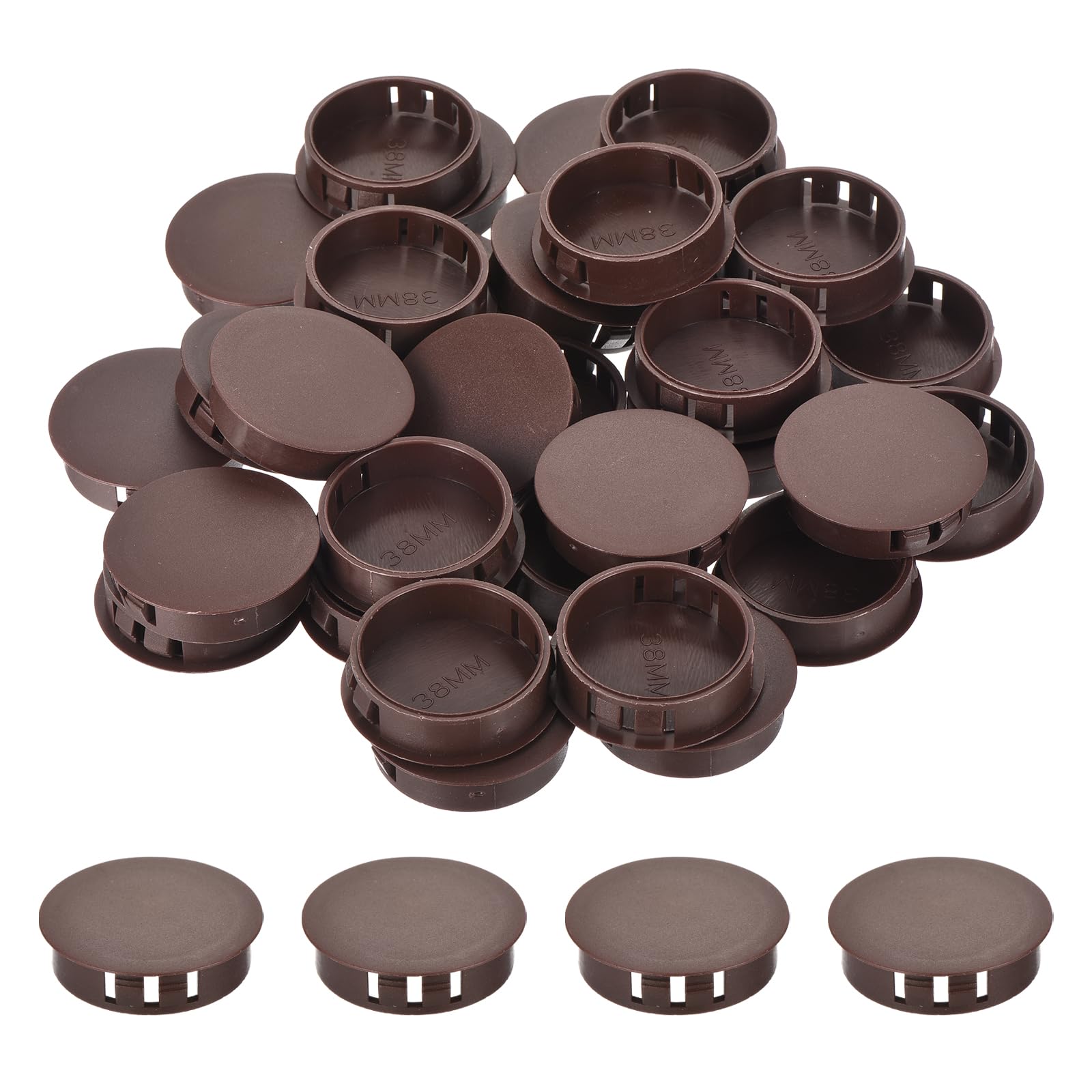MECCANIXITY 64PCS 40mm(1 9/16") Brown Plastic Hole Plugs, Flush Type Panel Hole Plugs Insert End Caps for Locking Hole Tubes Furniture Cabinet