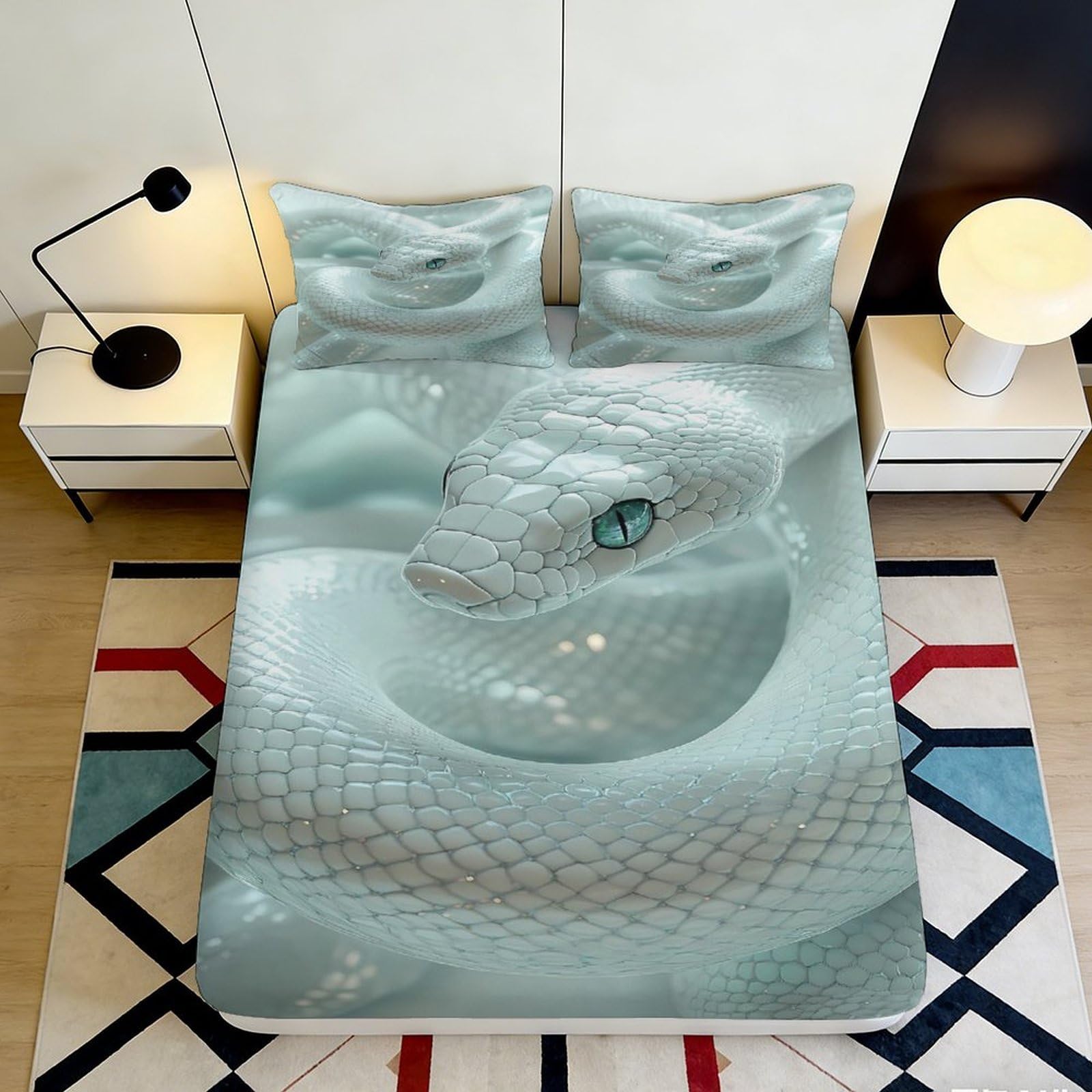 3D Printed White Snake Fitted Sheet Microfiber Soft Breathable Serpent Pattern Mattress Cover for Bedroom Dorm Decor 90x200x25cm