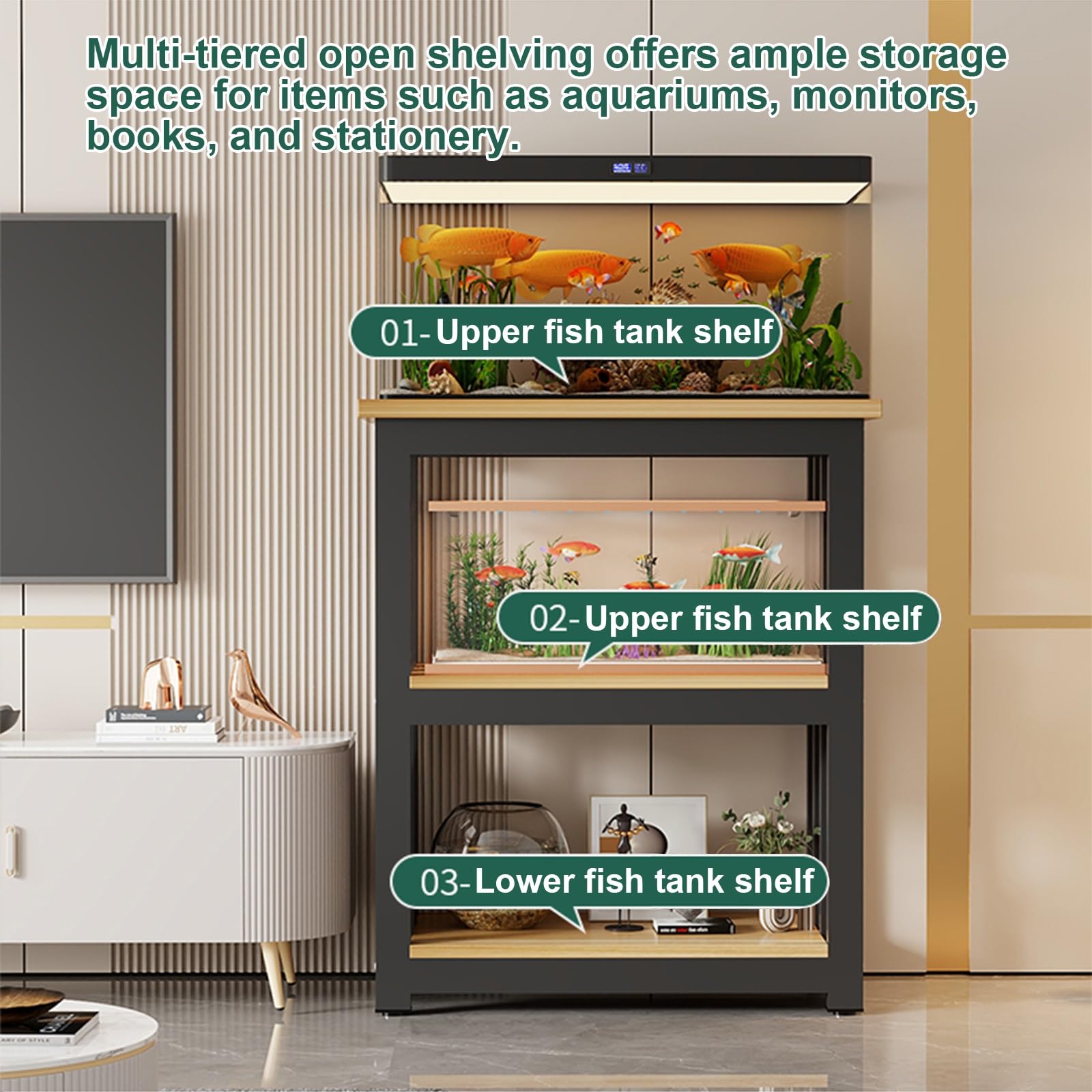 Stojak na Akwarium z Półką na Akcesoria, 3-poziomowy, Szafka Podłogowa do Akwarium, Stojak do Domowego Biura, Dla Hodowcy, żółw, Gadów, Terrarium(White,50x35cm/19.6x13.7in)