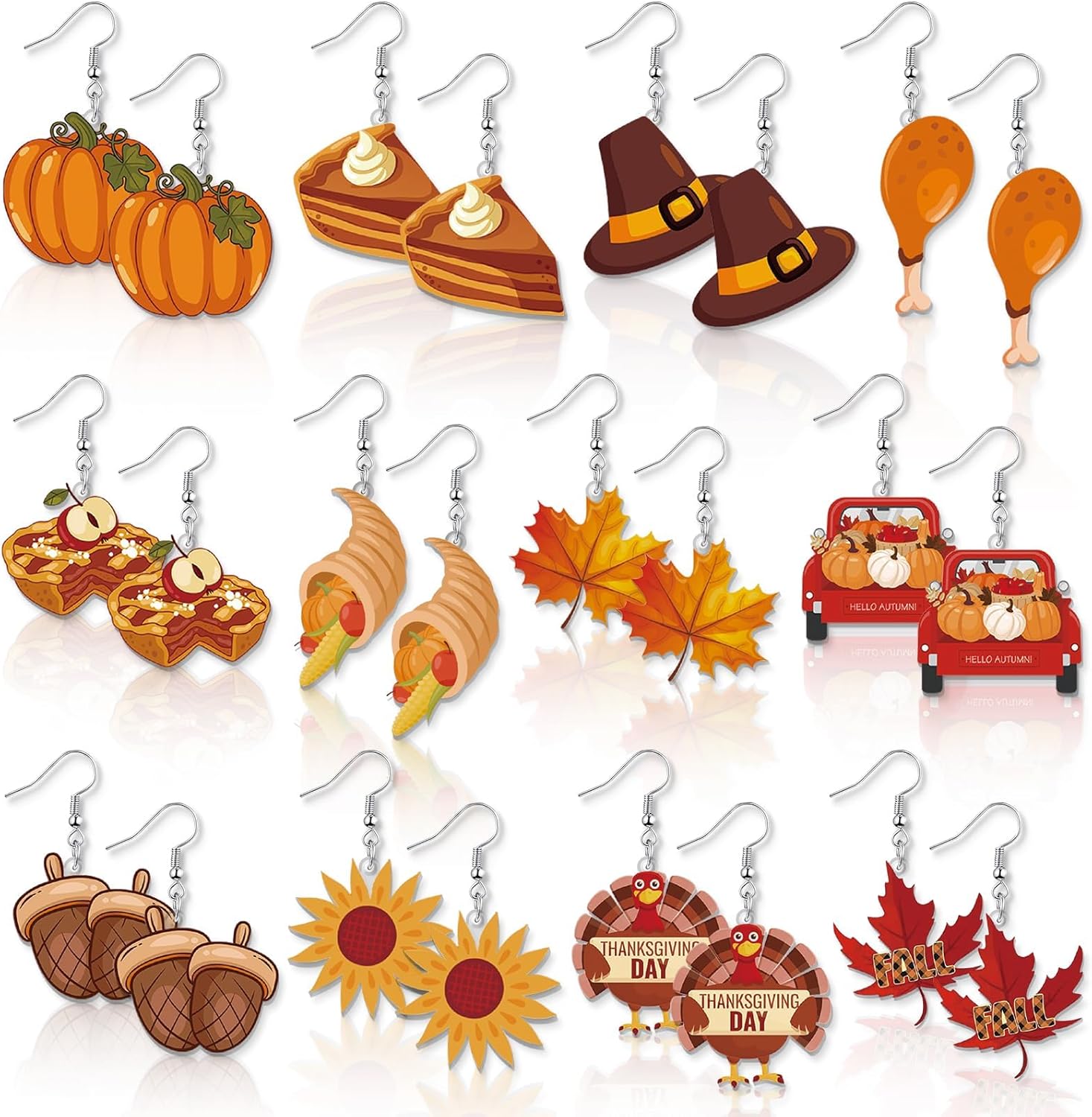 12 Pairs Thanksgiving Fall Earrings for Women Leopard pumpkin Maple Leaf Turkey Sunflower Pine Cone Drop Dangle Earrings Set Autumn Thanksgiving Jewelry Gifts