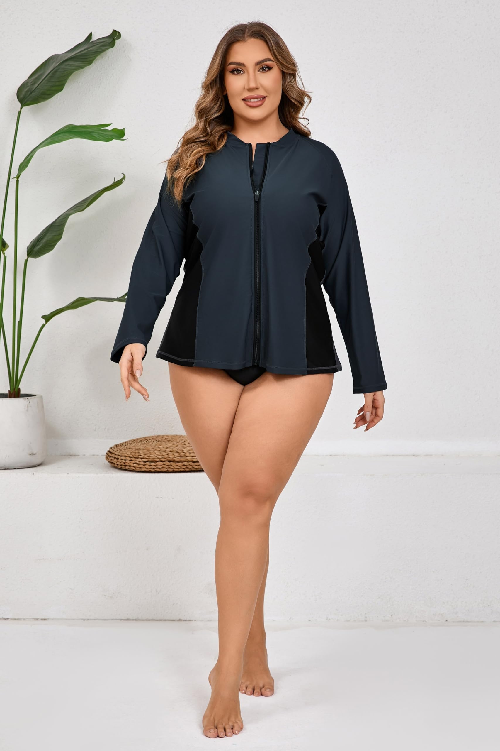 Halcurt Camiseta de manga larga para mujer, talla grande, con cremallera completa, UPF50+, ajuste holgado, traje de baño de secado rápido