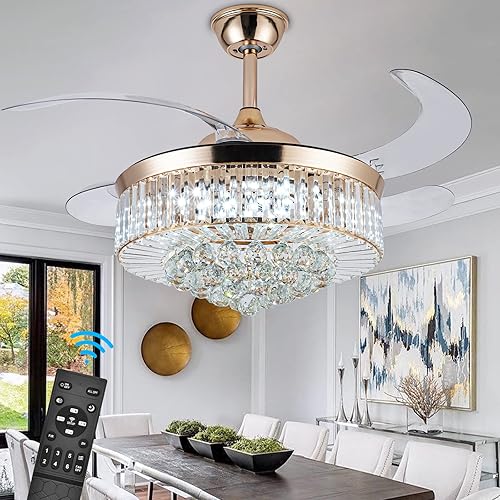 Miniatura 11 de Ventiladores de techo de 42 pulgadas con luz, ventilador de araña de cristal retráctil dorado, reversible, control remoto, kits de luces de techo