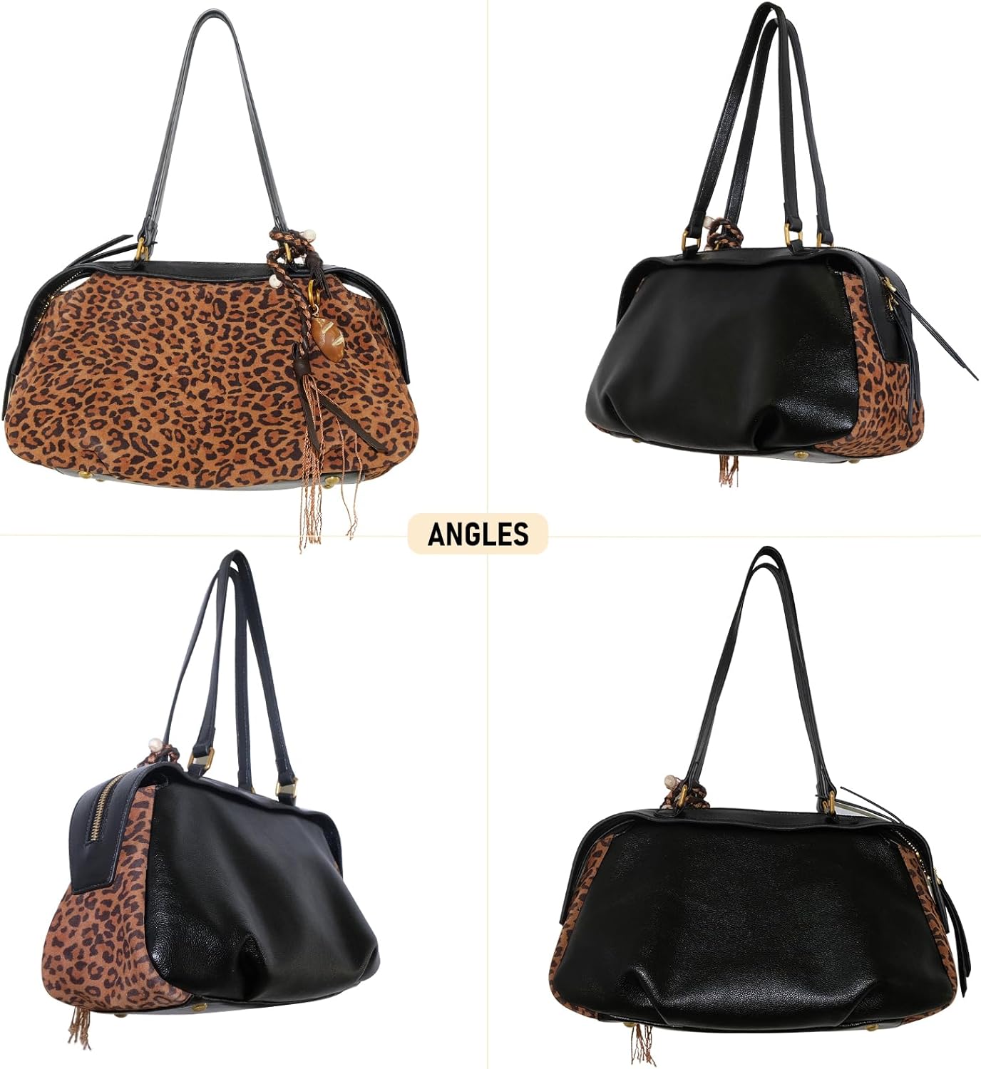 Luxury Leopard Print Genuine Suede Handbag, Brown Leather Trim, Shoulder Strap, Tassel Detail, Fashion Crossbody Purse - Image 5