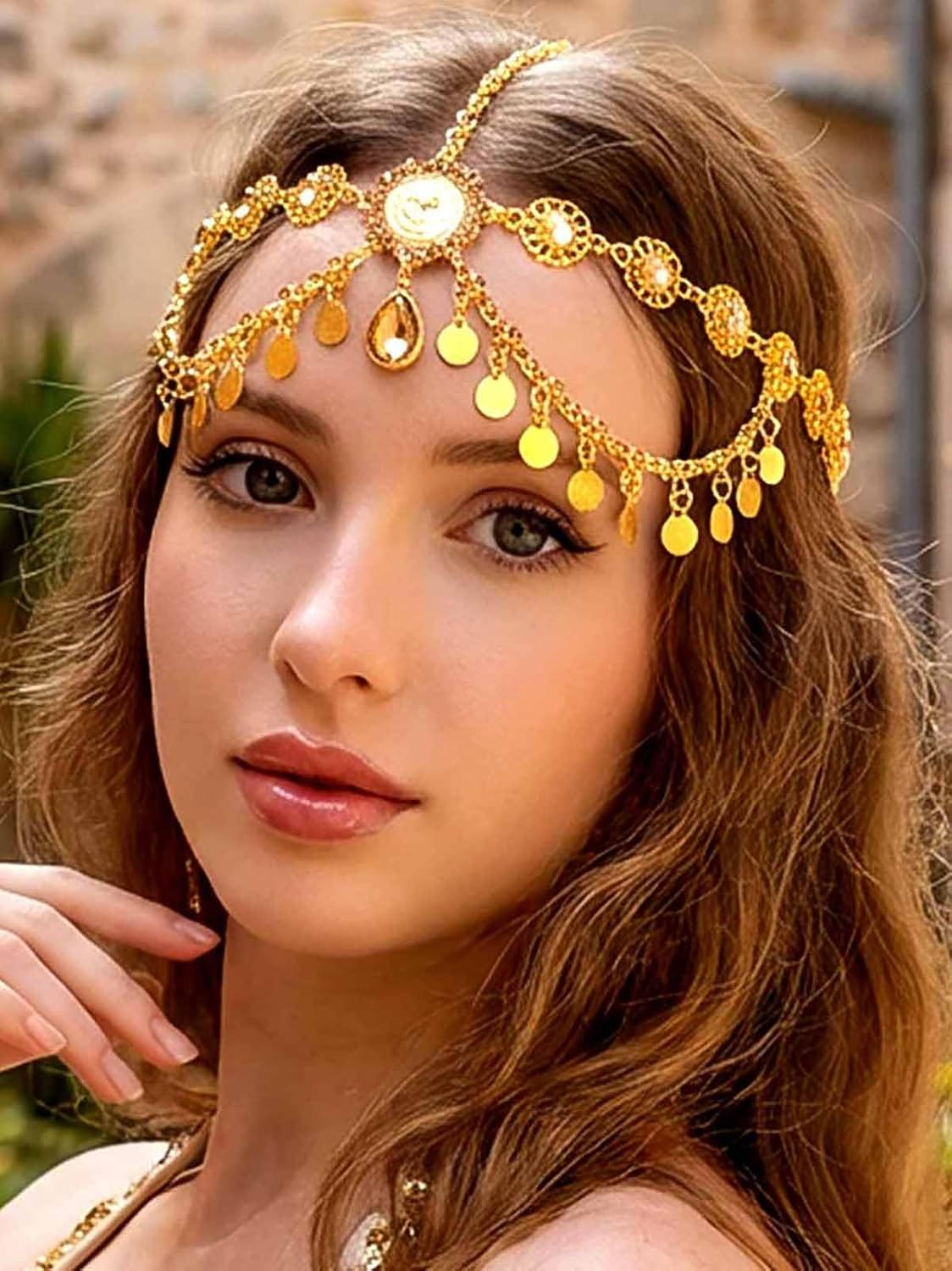 Yokawe Gold Coin Head Chain Jewelry,Tassel Sequins Belly Dance Headpieces,Boho Forehead Hair Accessories for Women