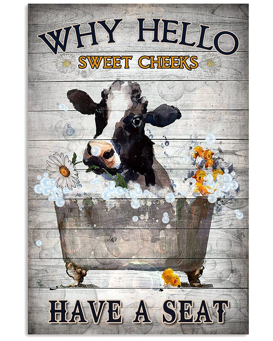 Awoldwide Funny Bathroom Decor Why Hello Sweet Cheeks Have a Seat Metal Tin Sign Cow Bathtub Poster Yard Sign for Home Coffee Wall Decor 8x12 Inch