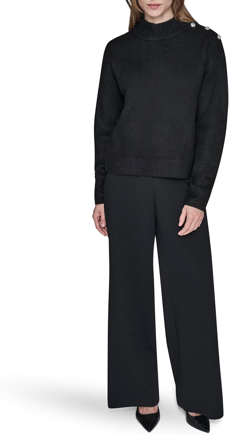 Karl Lagerfeld Womens Long Sleeve Mock Neck Crystal Button Sweater - Image 2