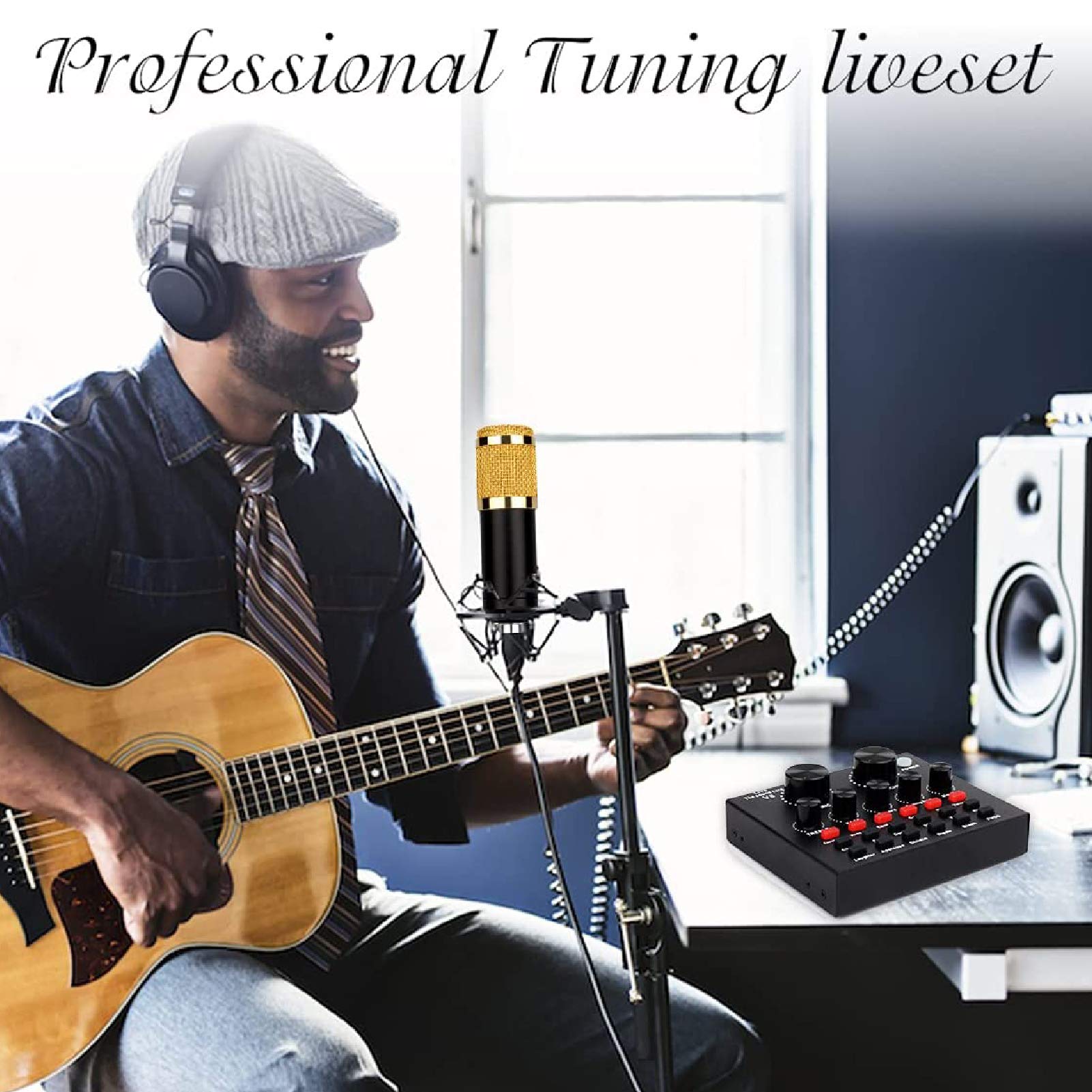 Carte Son, Carte Son multifonctionnelle en Direct, Ensemble de Microphones pour Carte Son, Ensemble de Microphones en métal pour Diffusion, Support réglable, 12 Effets sonores de Fond