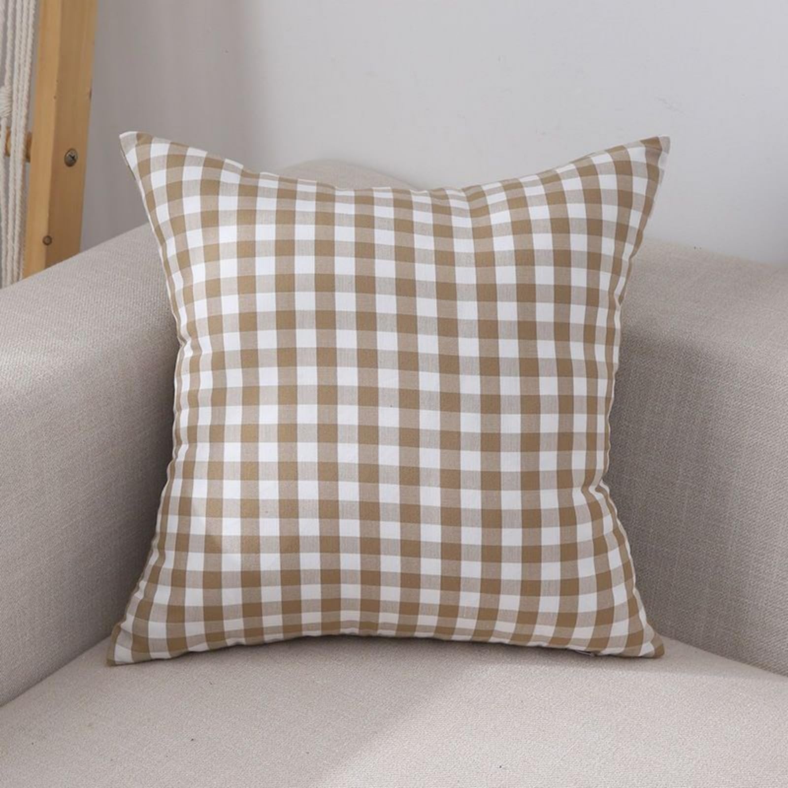 Cushion Covers 40cm x 40cm Light Chocolate Colored Grid Sofa Cushion Cover Linen with Invisible Zippers,Throw Pillow Covers for Bedroom Home Decor