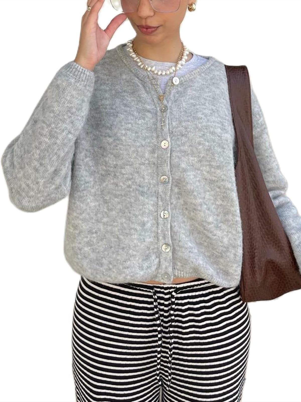 Womens Casual Cardigan Sweater Button Down Crewneck Soft Knit Lightweight Going Out Pullover Tops