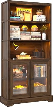 TVU 5-Tier Bookshelf, 65" Bookshelf with Multi-Color Ambient Lights APP Remote Control, Tall Display Shelf with Cabinet Doors, Suitable for Living Room, Bedroom, Study, Office, Rustic Brown