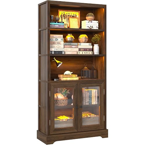 TVU 5-Tier Bookshelf, 65" Bookshelf with Multi-Color Ambient Lights (APP Remote Control), Tall Display Shelf with Cabinet Doors, Suitable for Living Room, Bedroom, Study, Office, Rustic Brown