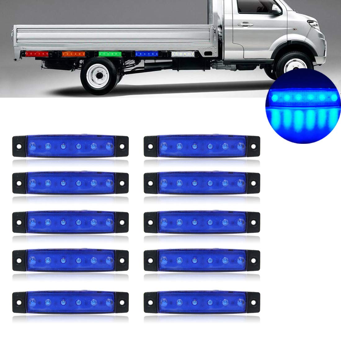 VIGORFLYRUN PARTS LTD 10x 6 LED 3.8" Side Marker Clearance Light Blue Trailer Lights, for 12V Truck Bus Boat Cab RV Lorrieds SUV External Lights