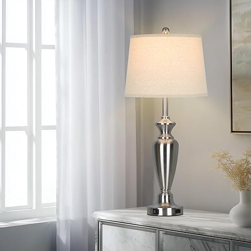 Miniatura 8 de Juego de 2 lámparas de mesa plateadas de 30 pulgadas de alto para sala de estar, lámparas de noche regulables de 3 vías para mesita de noche de