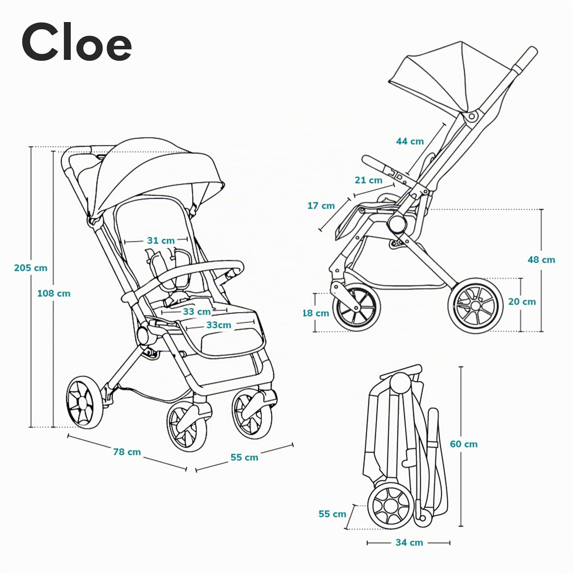LIONELO Cloe Passeggino leggero e pieghevole per bambini da 0 fino a 22kg Schienale regolabile Posizione nanna Impermeabile, Cinture a 5 punti, Ruote XXL, Zanzariera, Portabicchieri (Momenti d'oro)