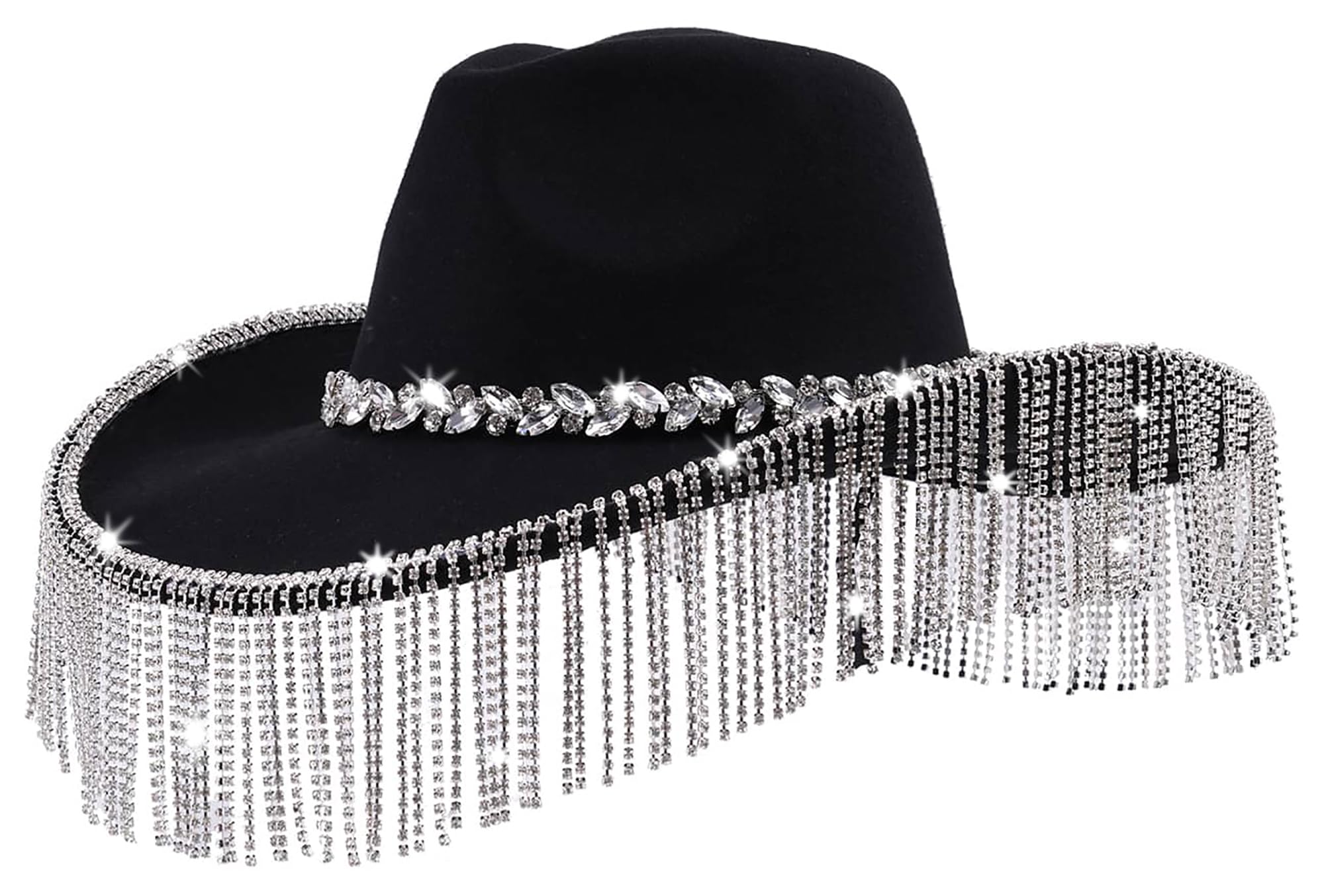 INOGIH Women Fringe-Rhinestone Western-Cowgirl-Hat Tassel-Decor Cowboy-Fedora-Hat for Party Music Festival