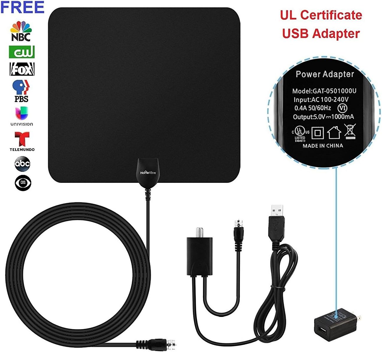 HDTV Antenna - Hometifine Digital Indoor HDTV Antenna - UL Certified Power Adapter, 50 Mile Range, Ultra Slim, 10FT Detachable Cable