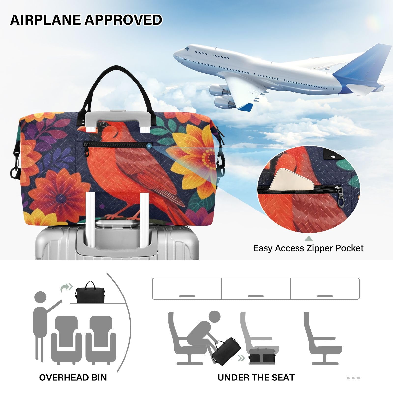 Reisetaschen-Set, zweiteilig, gesteppt, mehrere Taschen, stilvoll, kurze Reise, Floral Redbird, One Size, Klassisch
