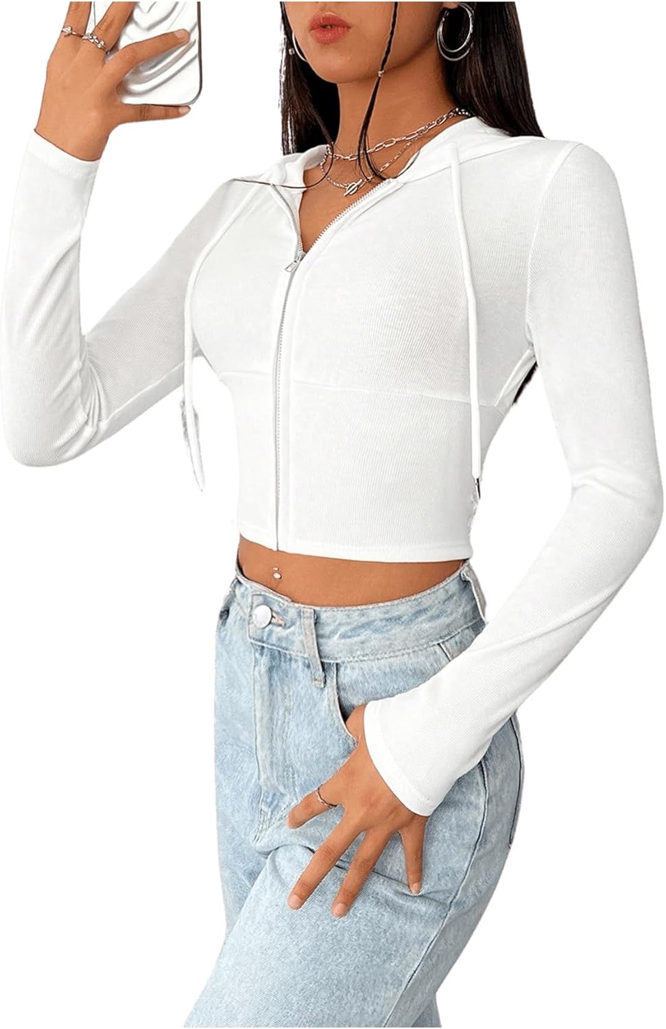 Women's Zip Up Hoodie Cropped Sweatshirt Y2K Crop Tops Fall Outfits 2024 Trendy Casual Jackets - Image 3