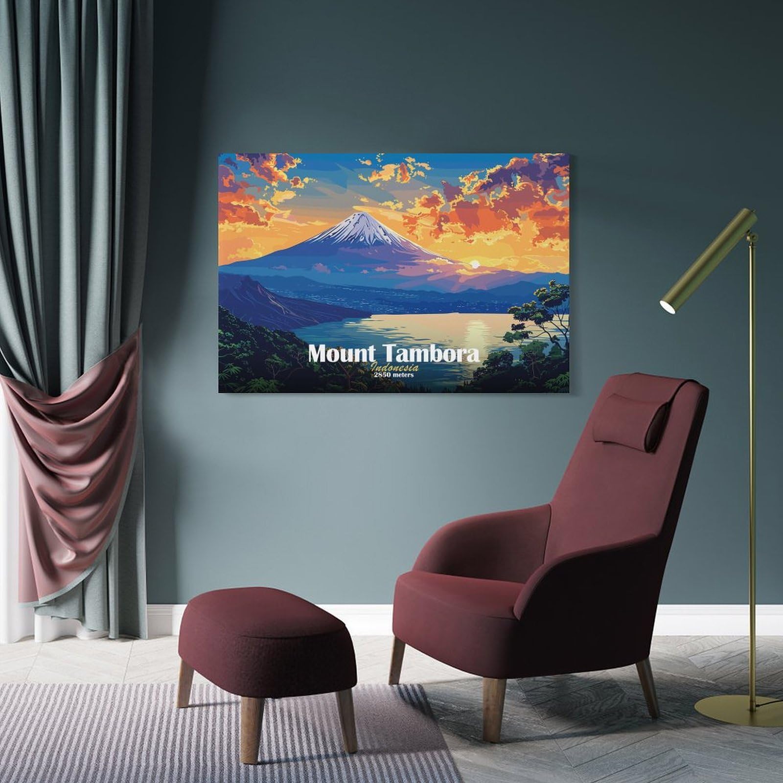 Junmoney Room Decor Wall Art Mount Tambora Sunset, 08x12inch(20x30cm), for Flats, Guest Rooms Or Compact Rooms, Wall Decor with Flexible Room Appeal