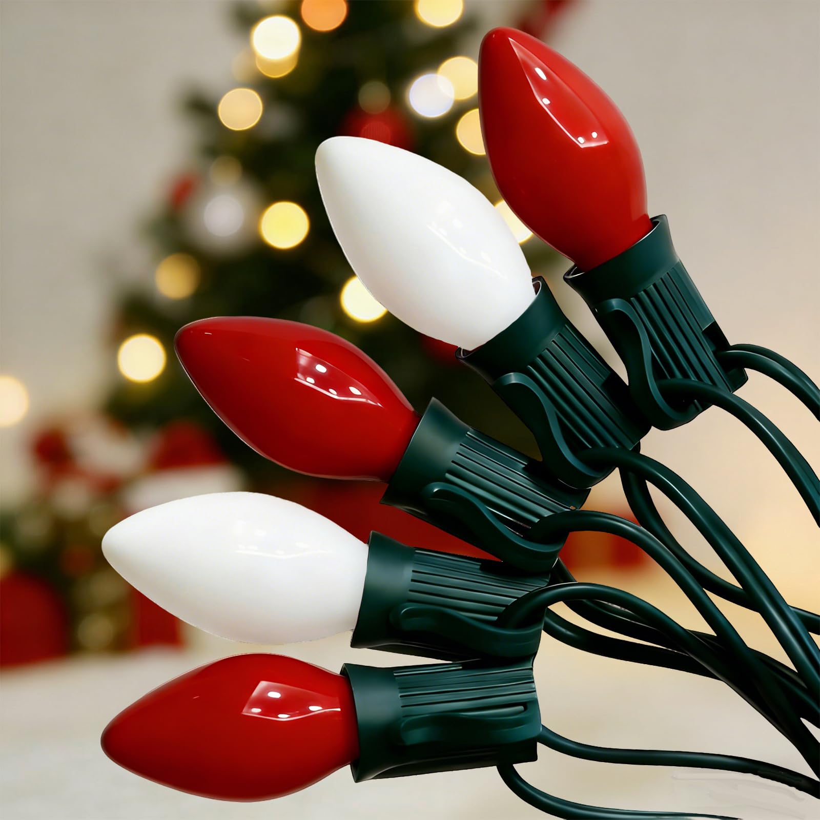 Oviejo C7 LED Christmas String Lights, 25Ft Red White Christmas String Lights with 27 LED Red White Ceramic Bulbs, Connectable Vintage Valentine