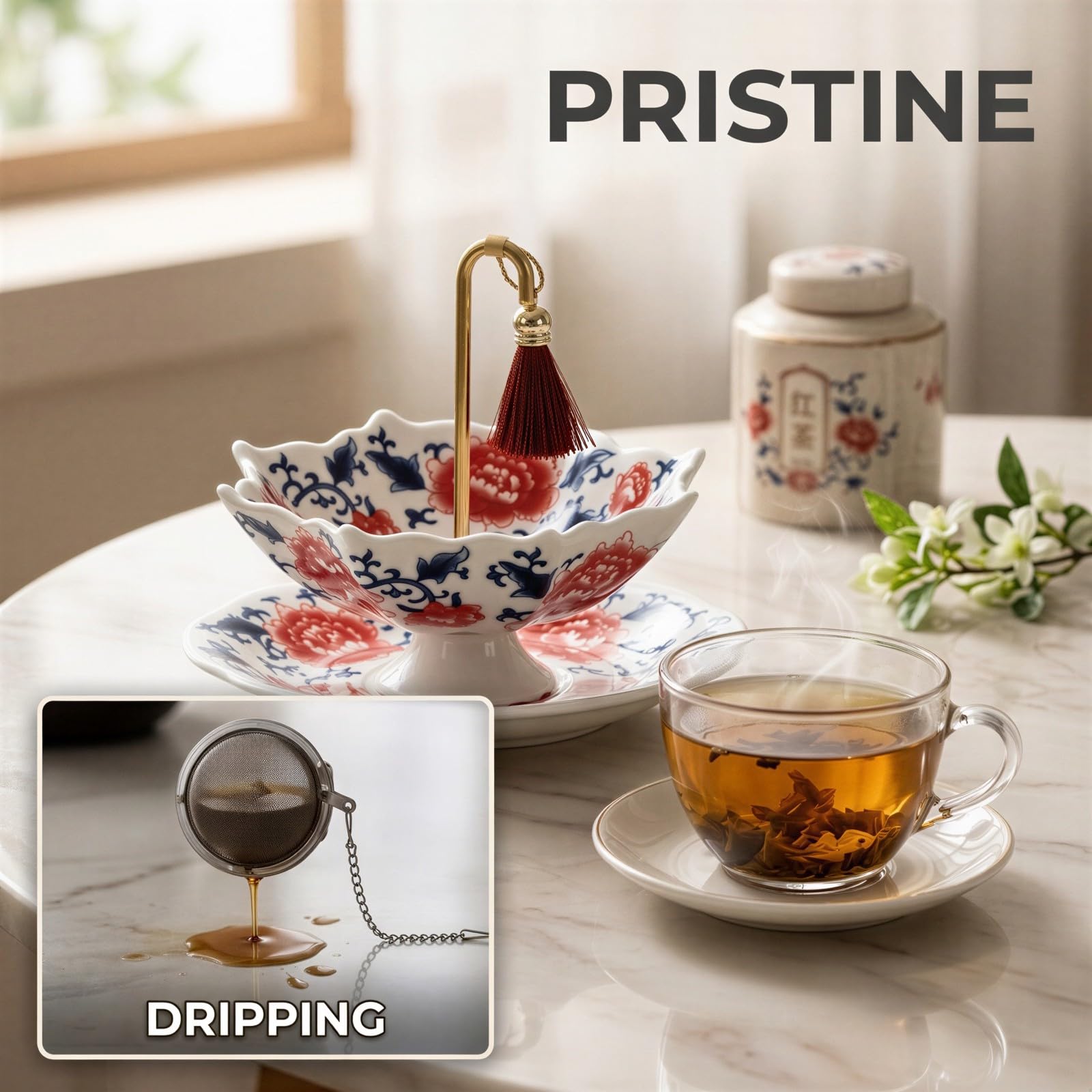 Filtre à thé en céramique, infuseur Kung Fu en porcelaine bleu et blanc avec base et poignée dorée, passoire élégante pour infusion maison, bureau, cadeau d'entreprise, motif pivoine