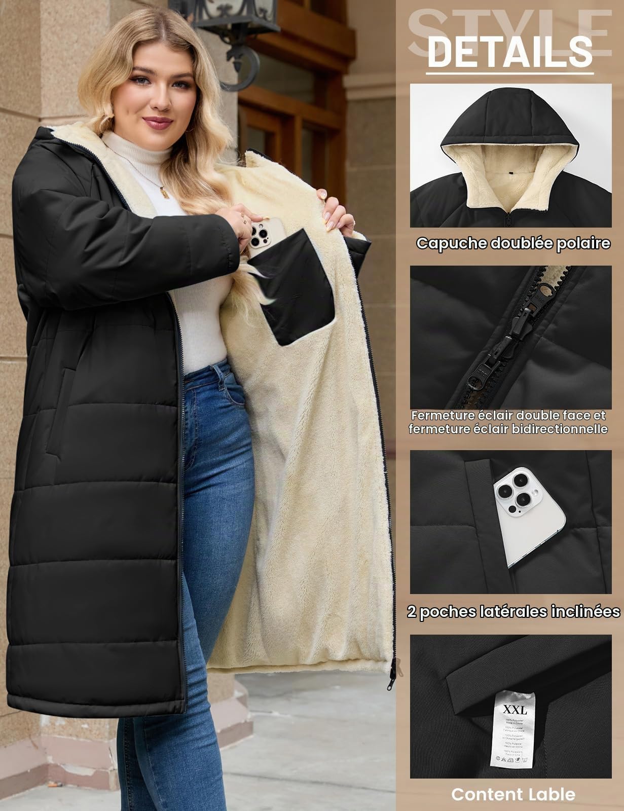 CMTOP Manteau Femme Hiver Long Grande Taille Doublure en Polaire Chaud Manteaux à Capuche, Peluche Épaisse Thermique Veste Blouson Coupe-Vent Parka Oversize Outcoat avec Poches