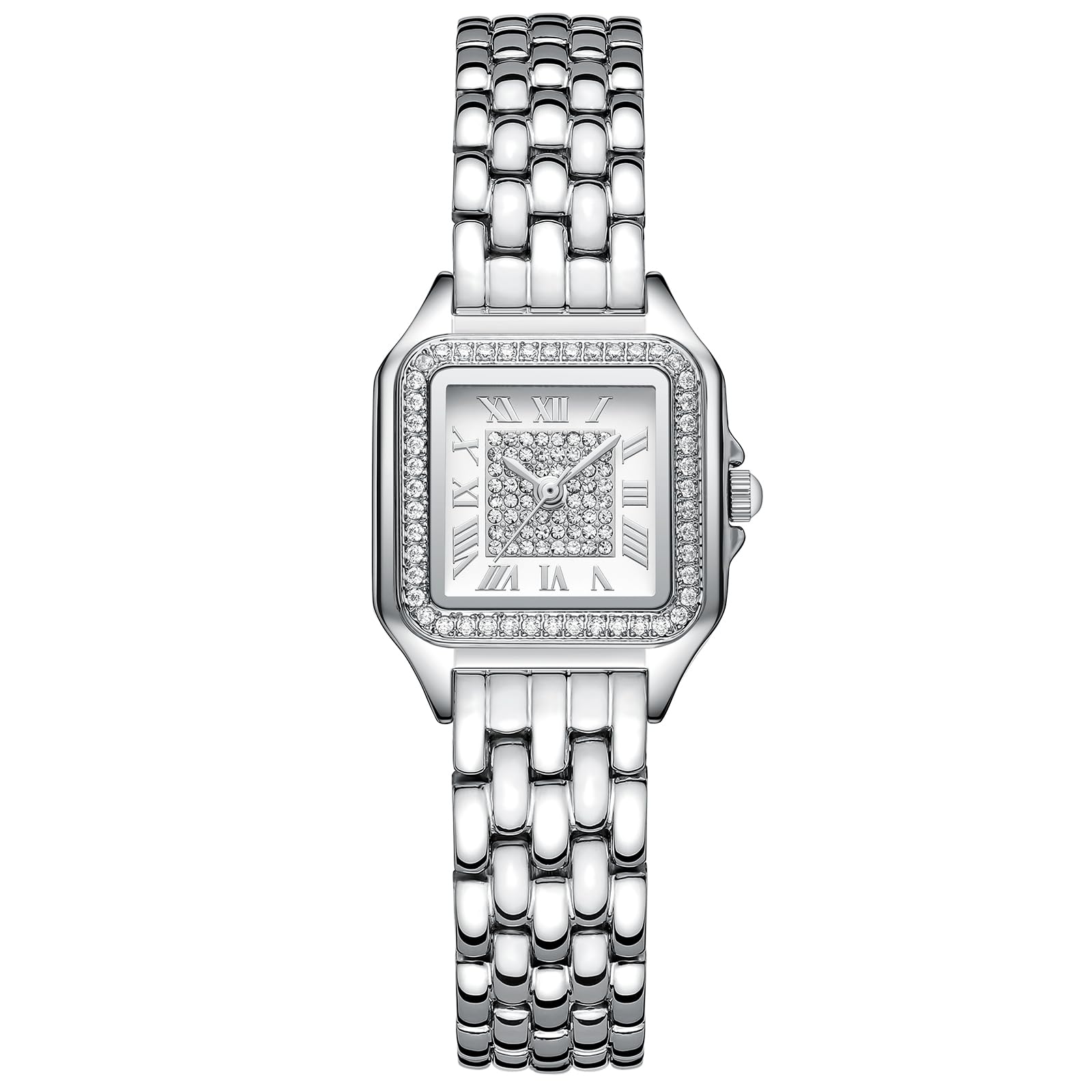 Uhren für Damen mit diamantbesetztem rechteckigem Gehäuse | Römisches Zifferblatt, Edelstahl-Armband, wasserdicht bis 30 m, Armband-Anpassungswerkzeug