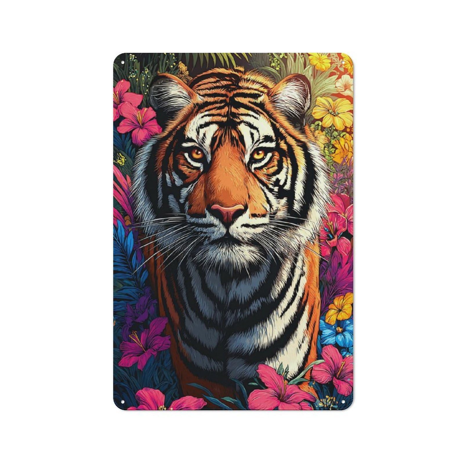 Junmoney Tiger Amidst Vibrant Flowers 30X20cm Rustic Tin Sign With For Garage Or Workshop, For Vintage Wall Decor Fans, For Kitchen And Home Bar Decor
