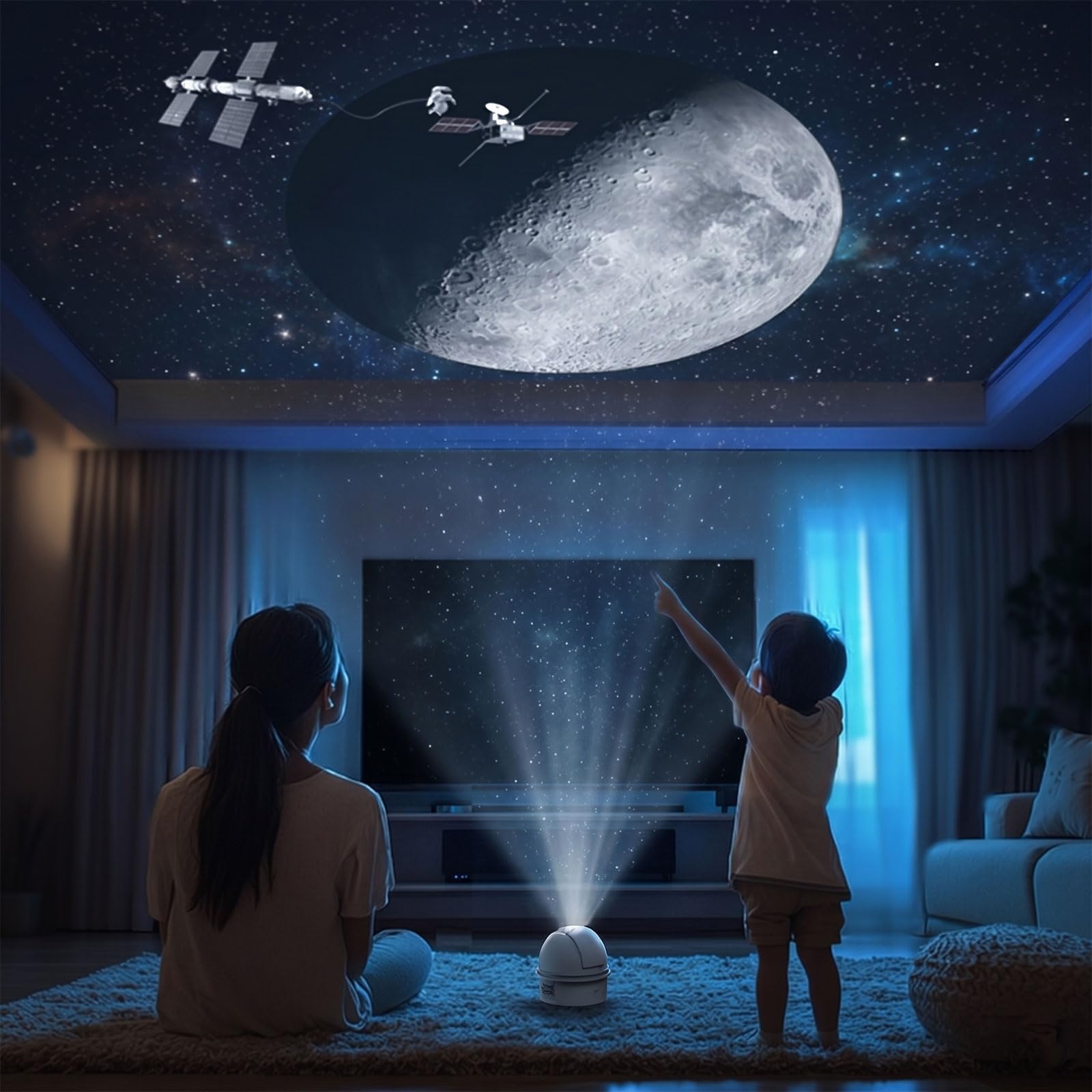 Tomshine Proyector de Cielo Estrellado Astronómico con Explicación, 12 Patrones Estelares, 8 Ruido Blanco y 8 Colores de Luz Nocturna, Compatible con Bluetooth y Temporizador, Ideal para Niños