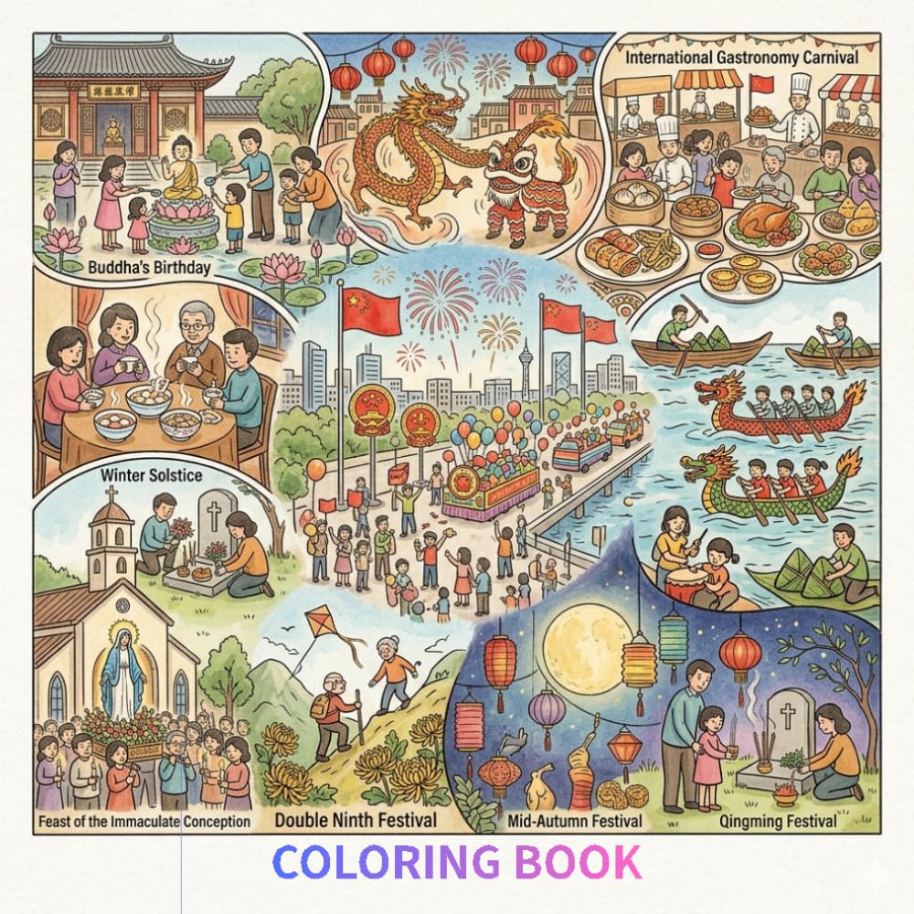Beautifully hand-drawn coloring book that celebrates the vibrant and diverse festivals of Macau: Macau Festivals Coloring Book for Kids & Adults: ... Line Art for Relaxation and Creativity