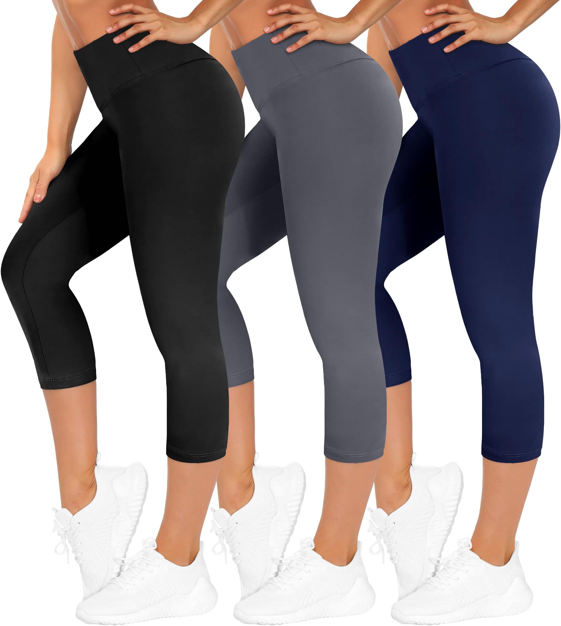 ZOOSIXX 3 Pack Capri Leggings for Women, High Waisted Yoga Pants with Pockets Soft Black for Running Workout