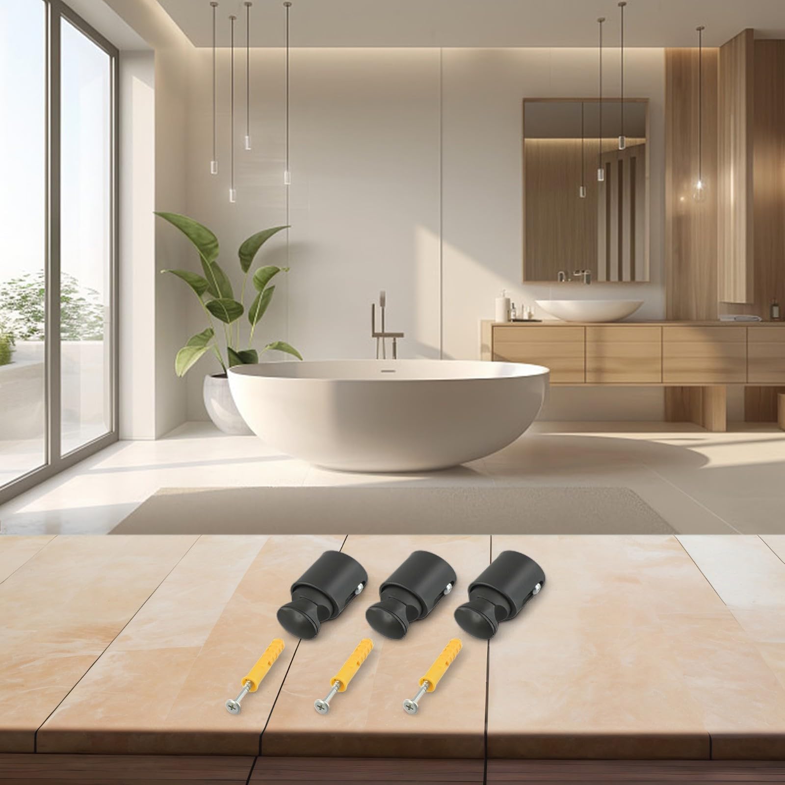 Paquete de 3 soportes de radiador ajustables de 65 a 82 mm para calefacción en pared con tornillos, ganchos de repuesto de plástico para rads de baño, negro (negro)