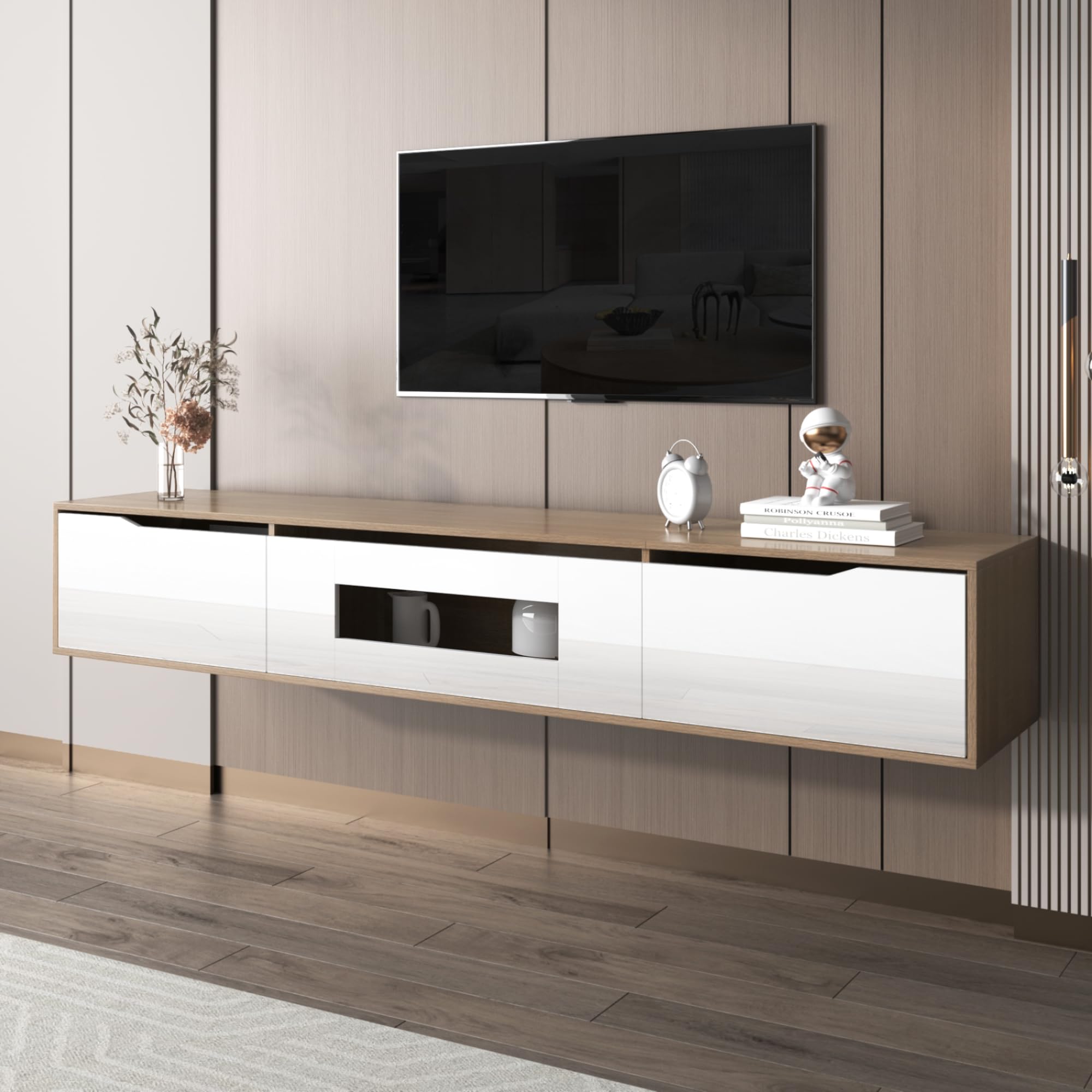Merax Armario de TV para TV, mueble bajo colgante, mesa de salón, mueble de televisión, mesa de TV, cómoda con luz LED, mesa de TV, bancos de TV, armario colgante